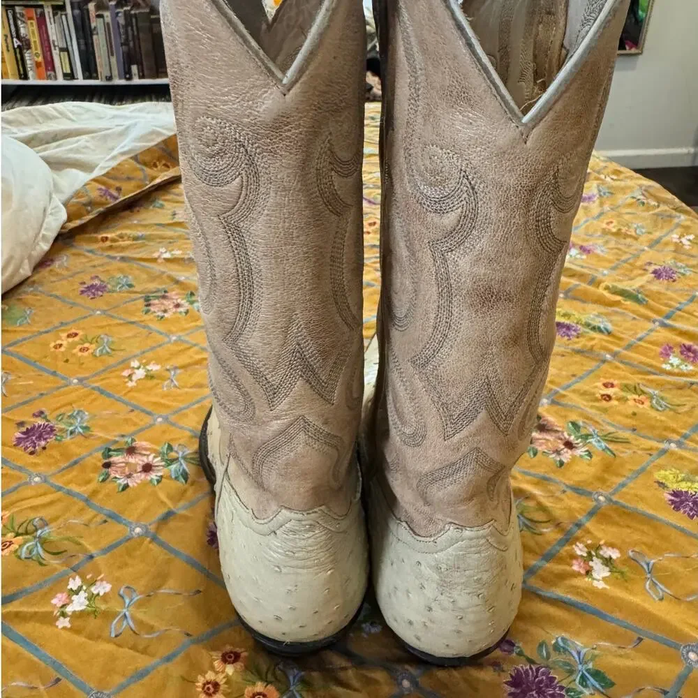 Vintage Tony Lama 8863 Full Quill Ostrich Cowboy Boots Bone Ivory USA Men 8.5 EE